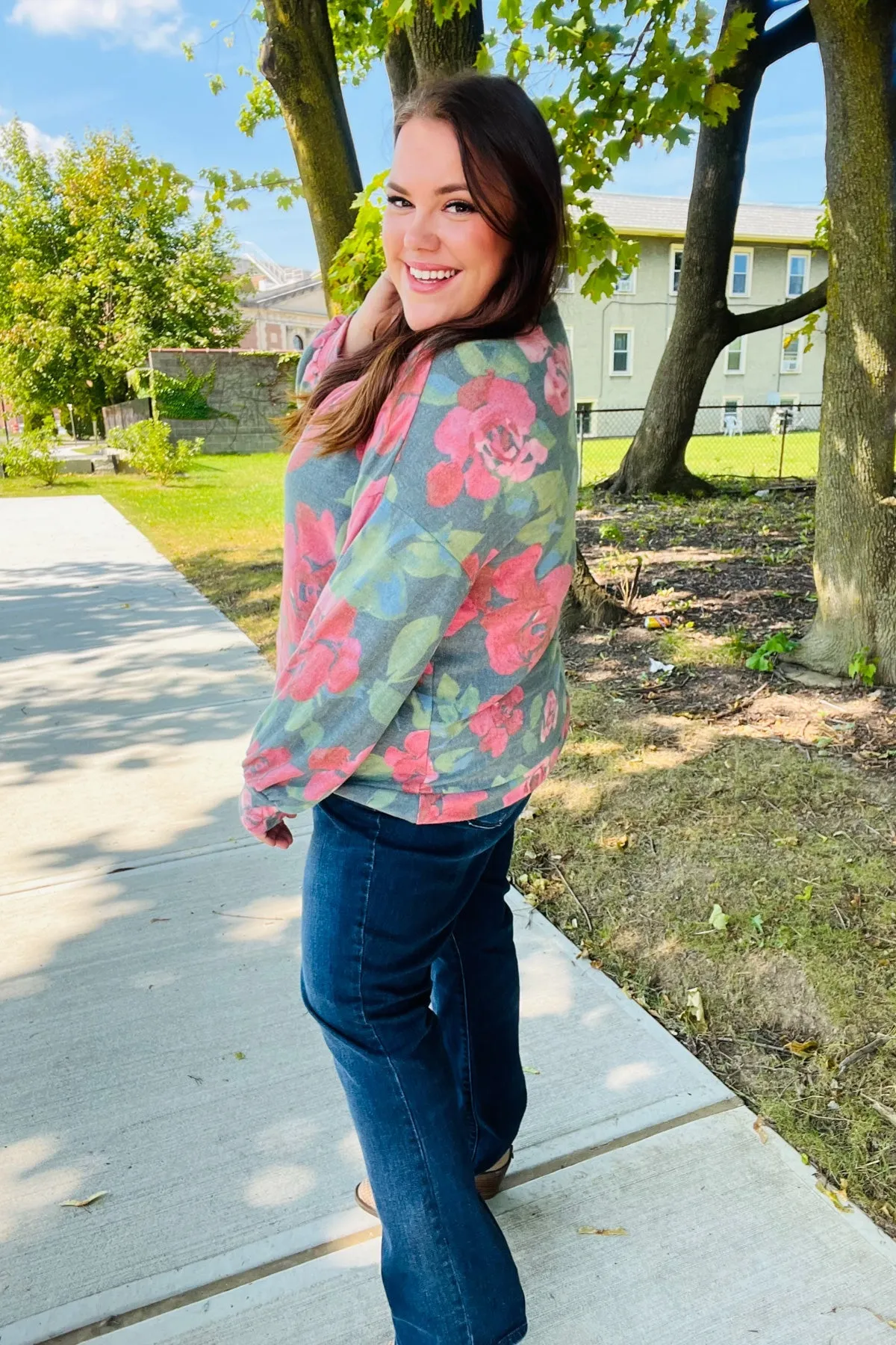 Everyday Hunter Green Floral Brushed Hacci Sweater Top (Open Pack)