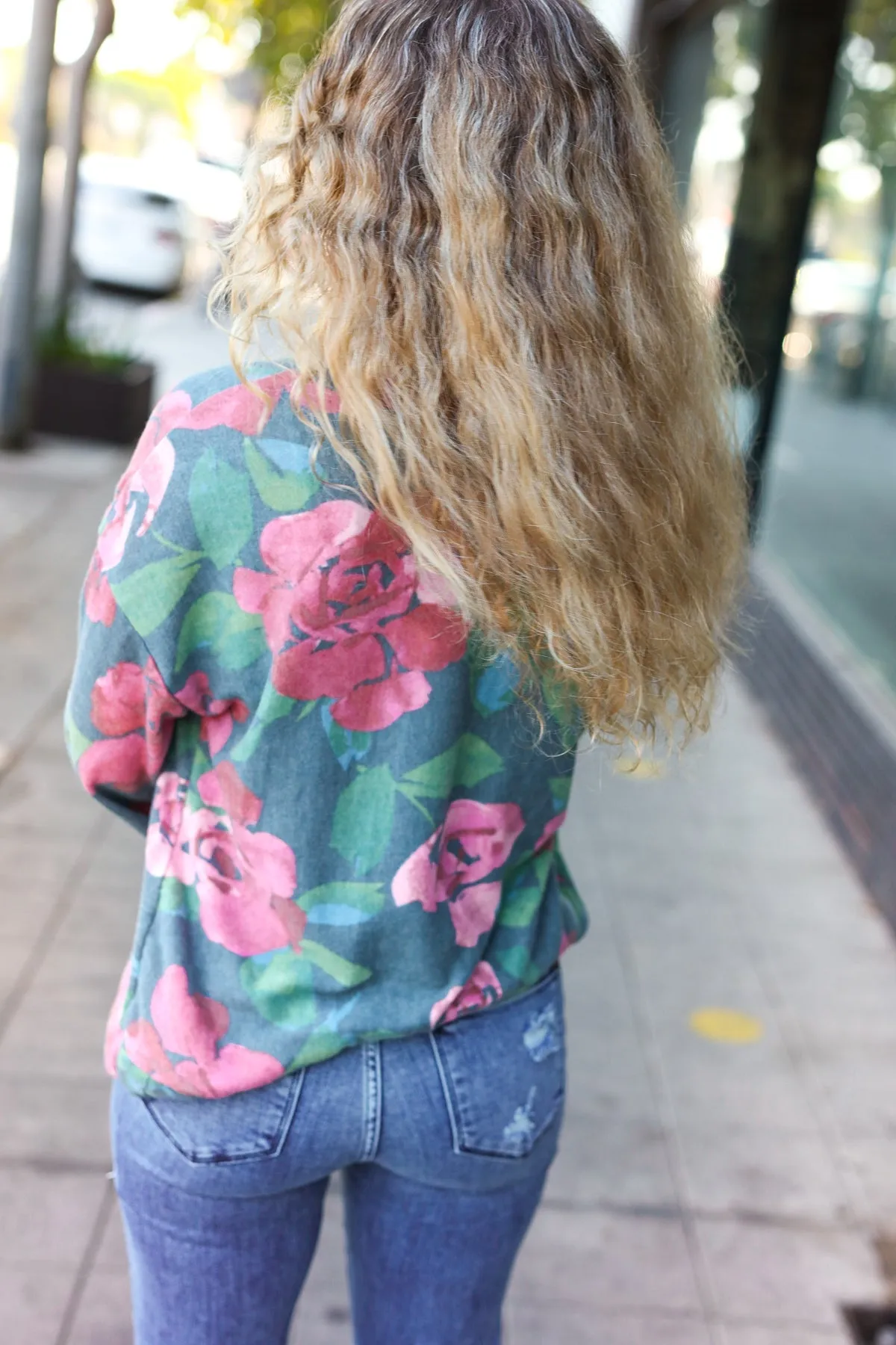 Everyday Hunter Green Floral Brushed Hacci Sweater Top (Open Pack)