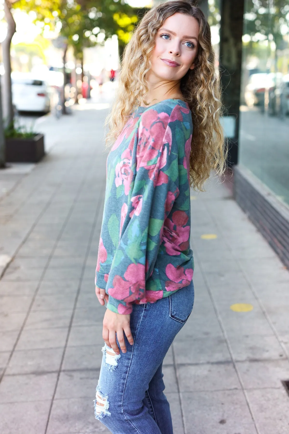 Everyday Hunter Green Floral Brushed Hacci Sweater Top (Open Pack)