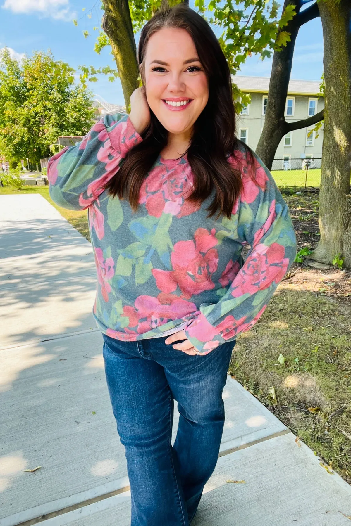 Everyday Hunter Green Floral Brushed Hacci Sweater Top (Open Pack)