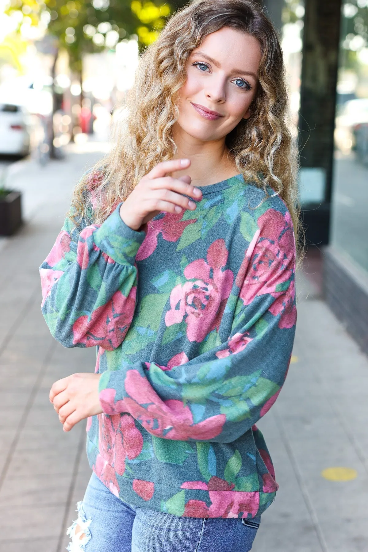 Everyday Hunter Green Floral Brushed Hacci Sweater Top (Open Pack)