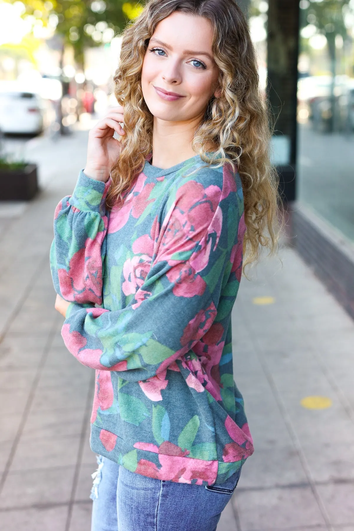 Everyday Hunter Green Floral Brushed Hacci Sweater Top (Open Pack)
