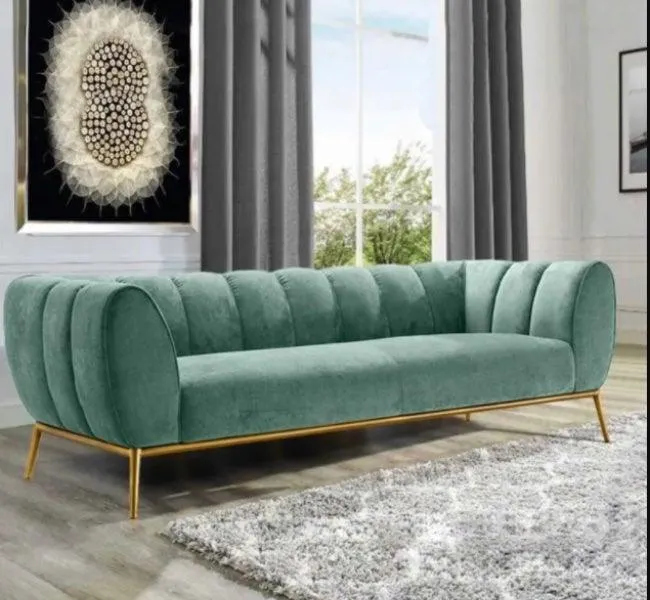 Figure It Out Modern Green Velvet Upholstered Sofa 3 Seater