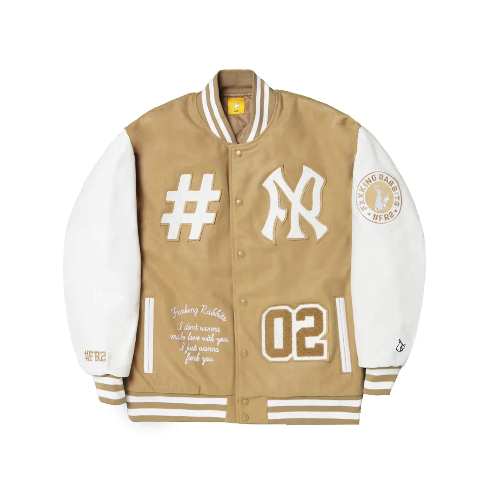 Fxxking Rabbits Embroidery Varsity Jacket Beige