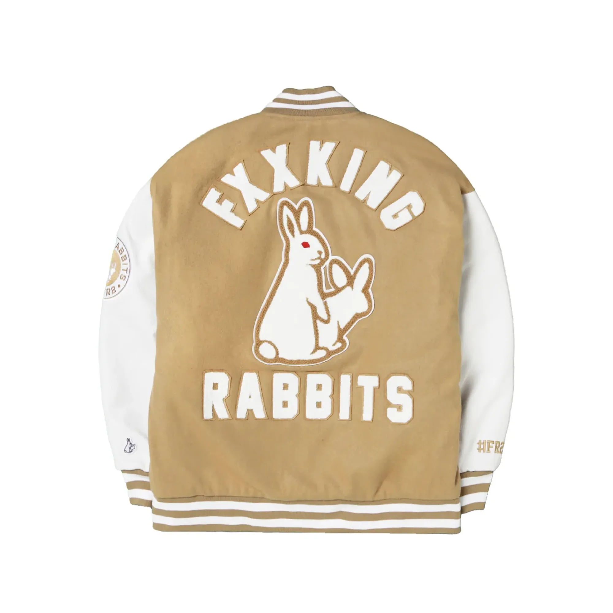 Fxxking Rabbits Embroidery Varsity Jacket Beige