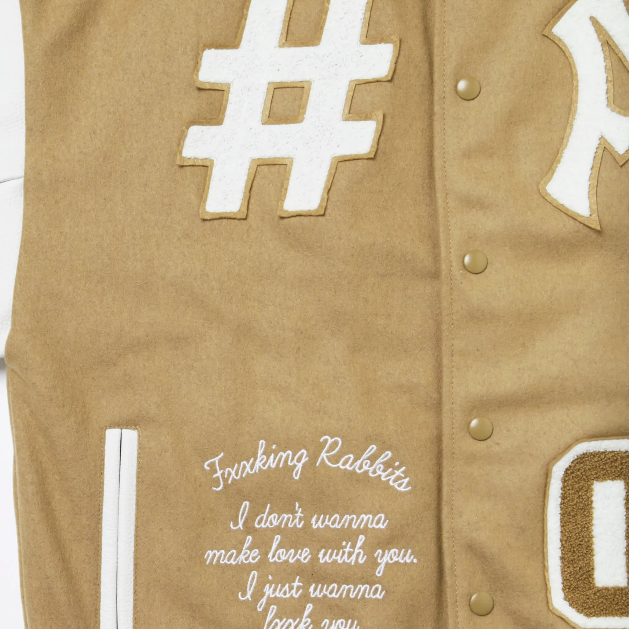Fxxking Rabbits Embroidery Varsity Jacket Beige