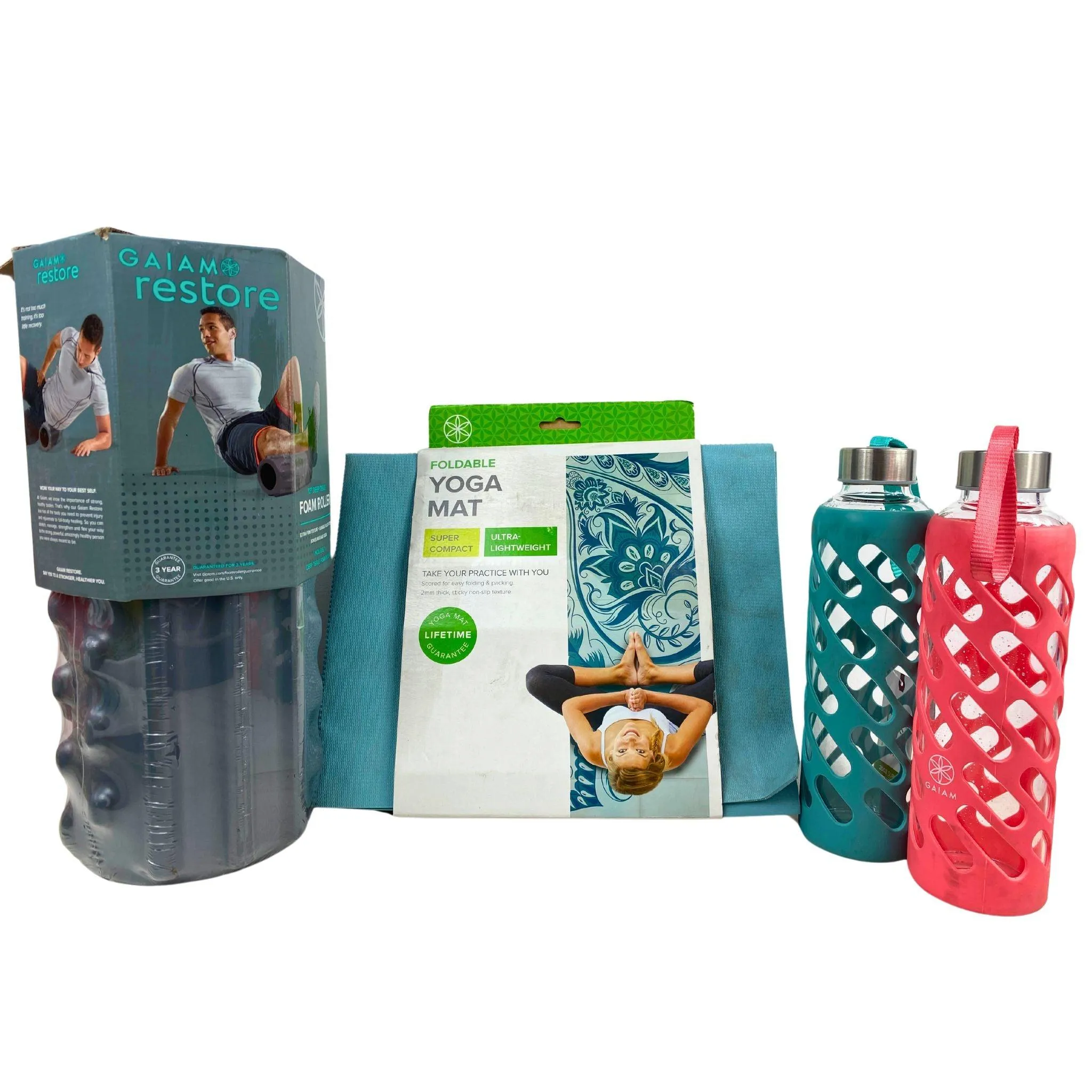 Gaiam Mix - includes Yoga Mat, Water Bottle & Foam Roller (30 Pcs Lot)