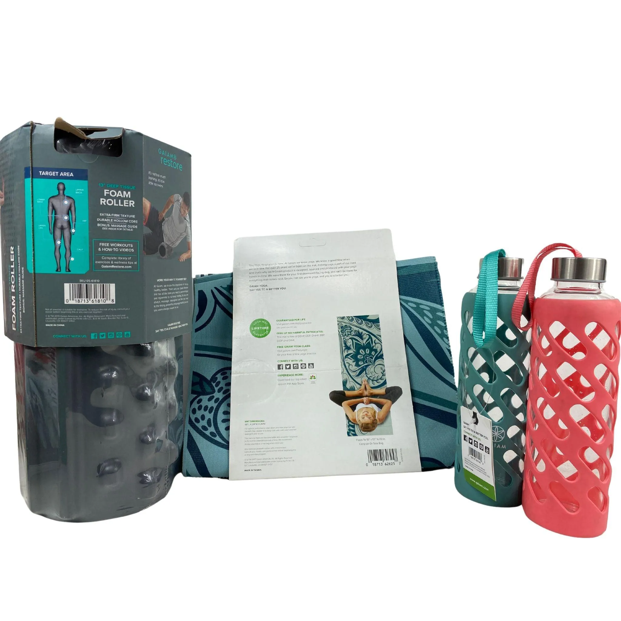 Gaiam Mix - includes Yoga Mat, Water Bottle & Foam Roller (30 Pcs Lot)