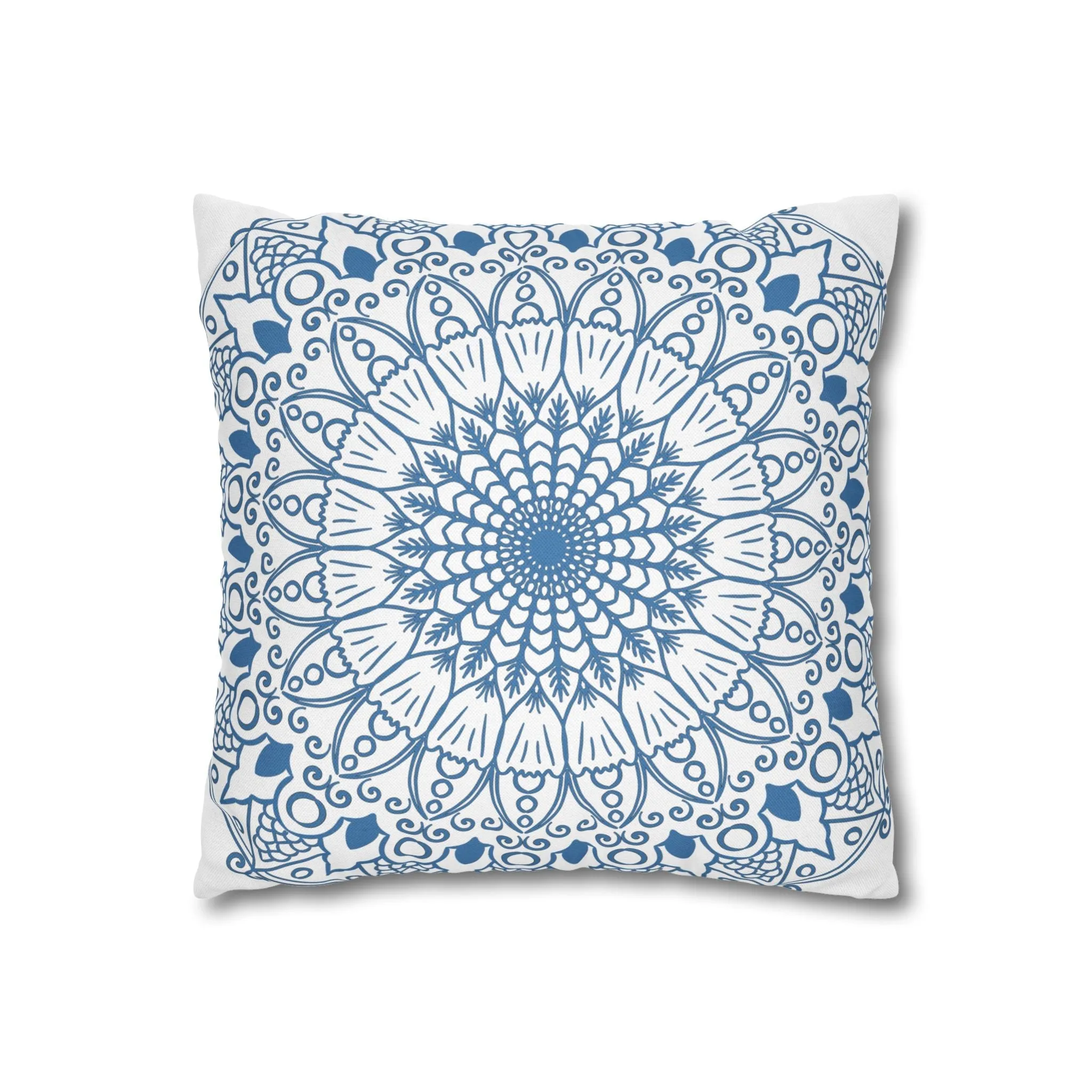Handmade Mandala Design Pillowcase - Steel Blue on White