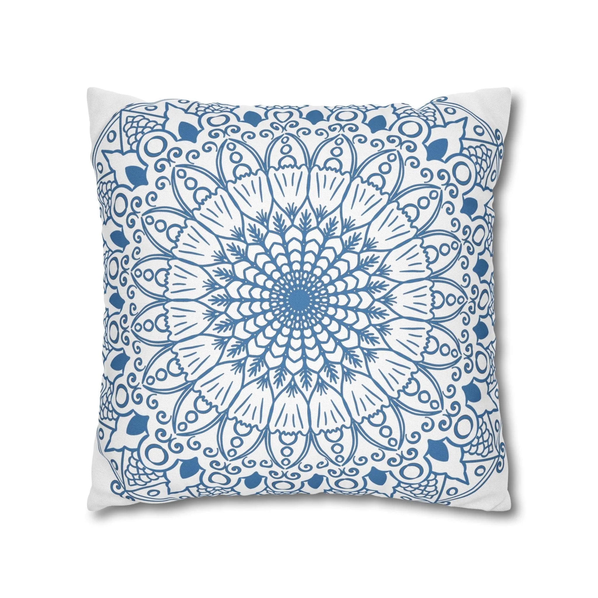 Handmade Mandala Design Pillowcase - Steel Blue on White