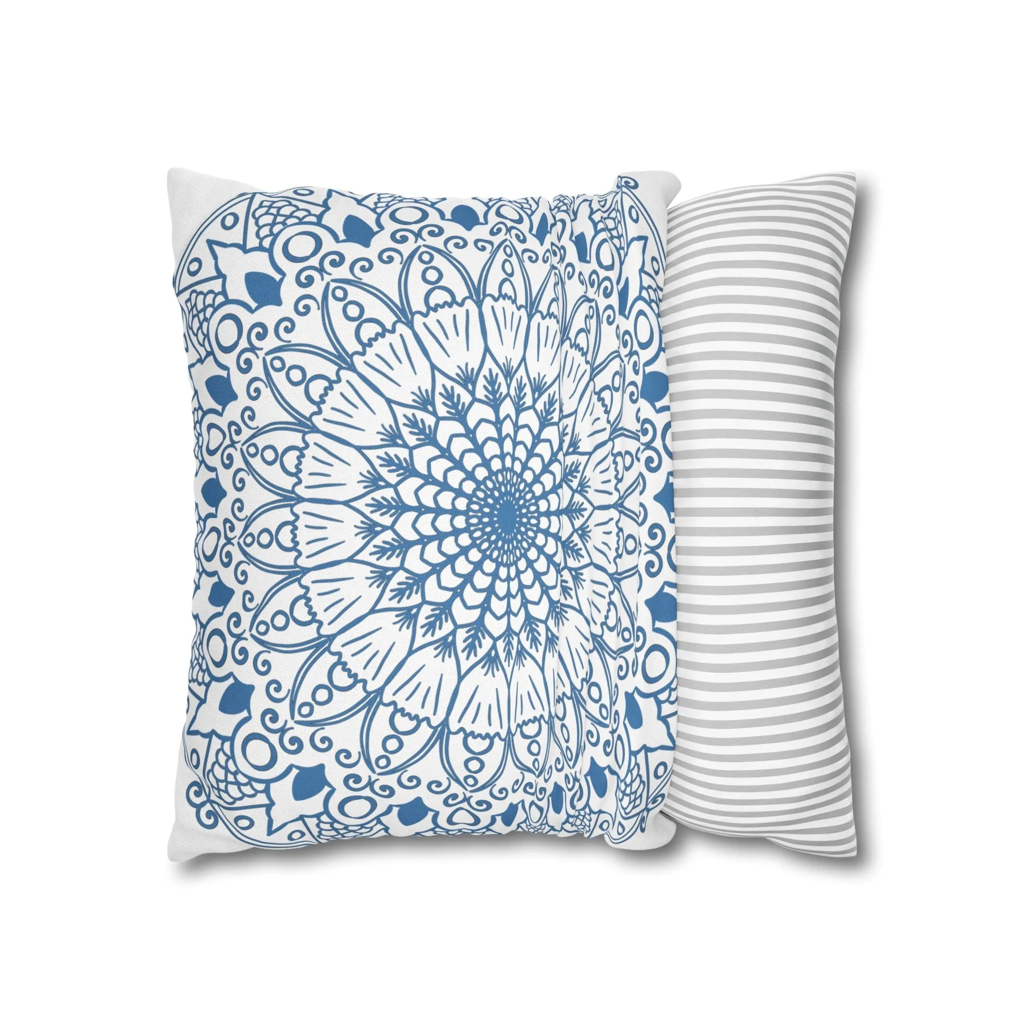 Handmade Mandala Design Pillowcase - Steel Blue on White