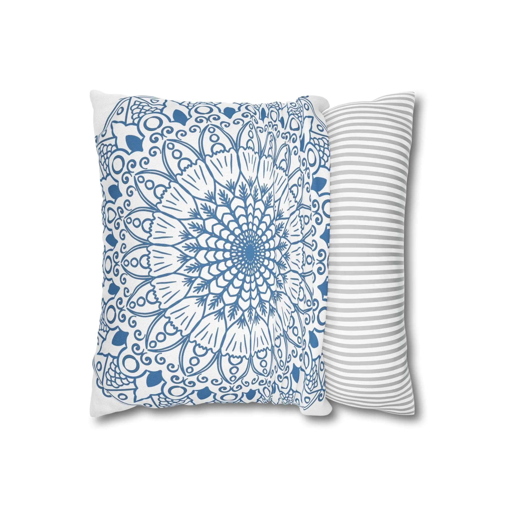 Handmade Mandala Design Pillowcase - Steel Blue on White