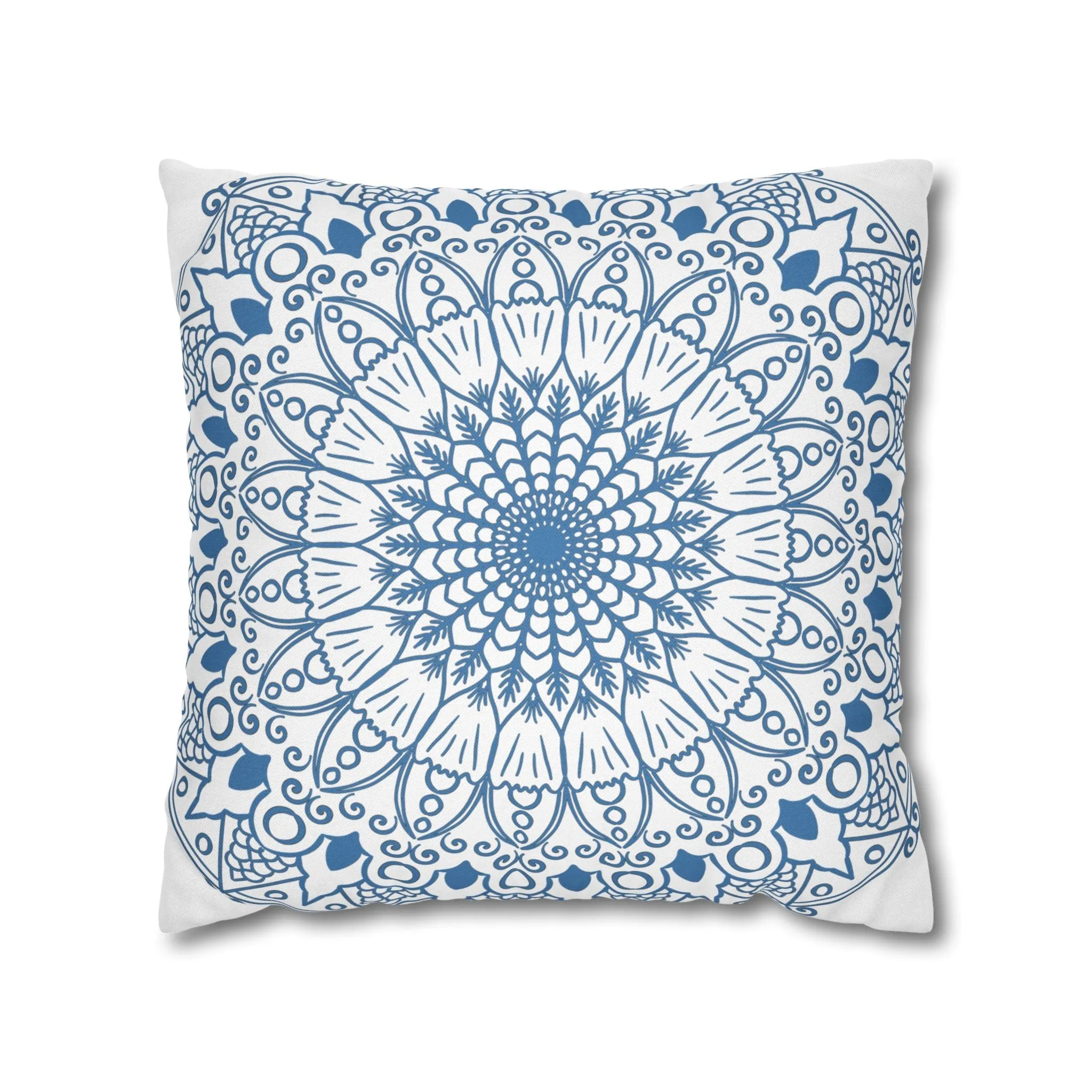 Handmade Mandala Design Pillowcase - Steel Blue on White