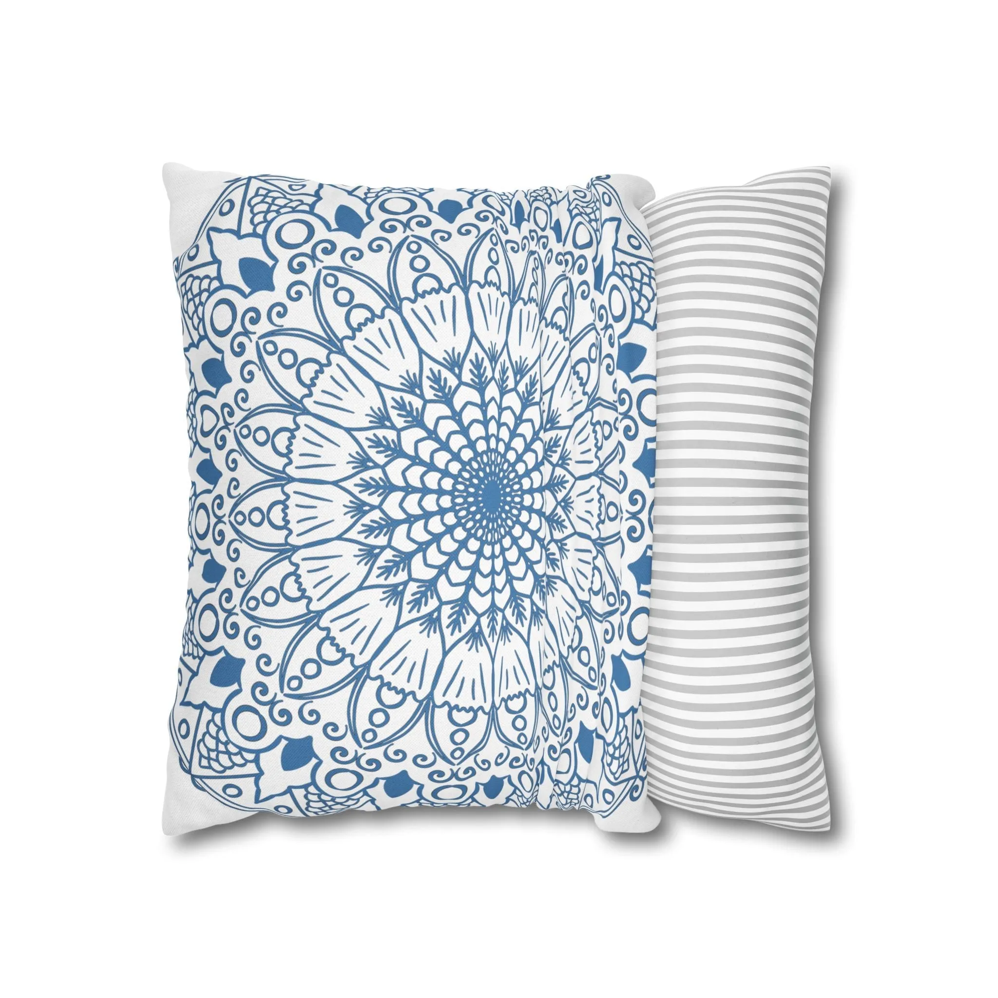 Handmade Mandala Design Pillowcase - Steel Blue on White