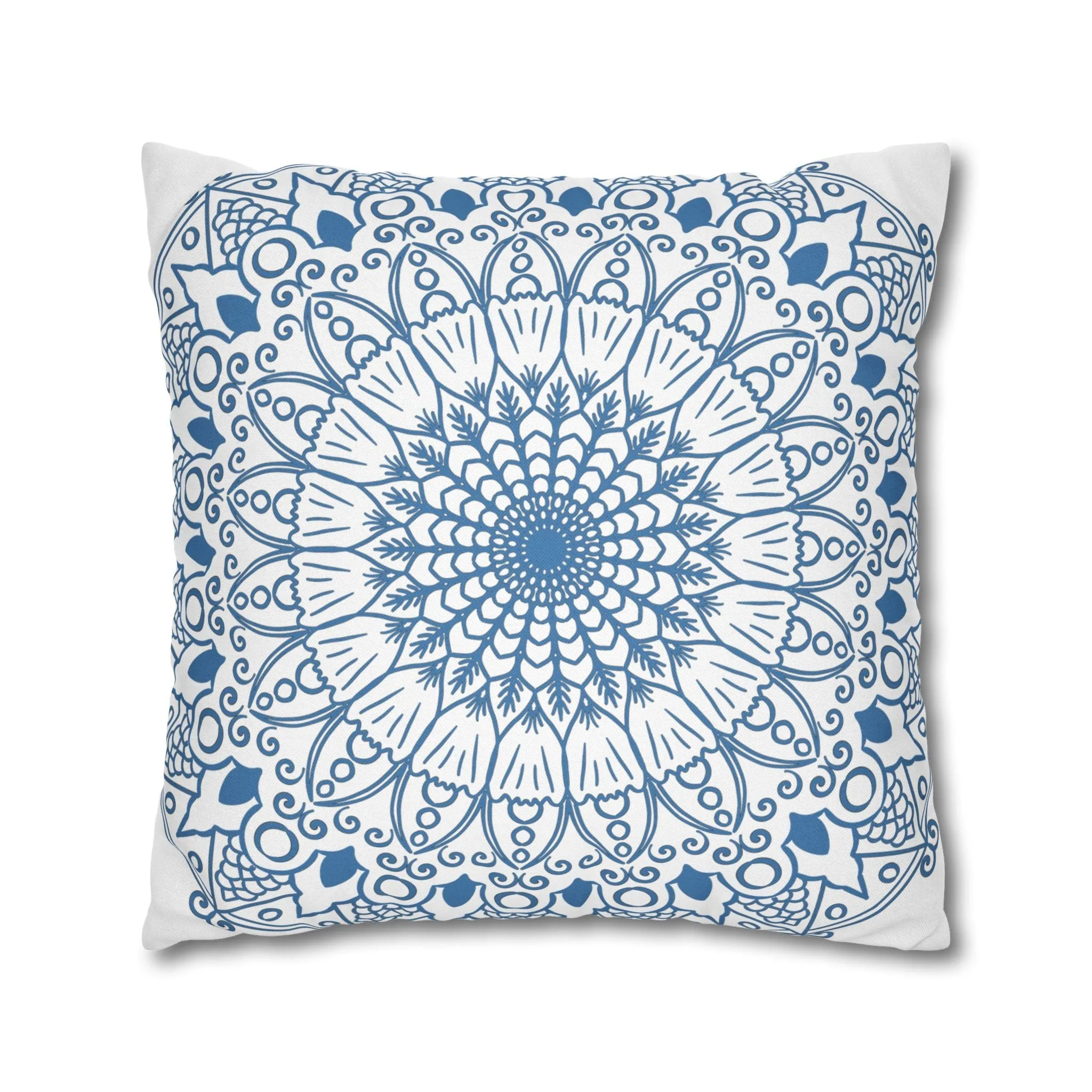Handmade Mandala Design Pillowcase - Steel Blue on White