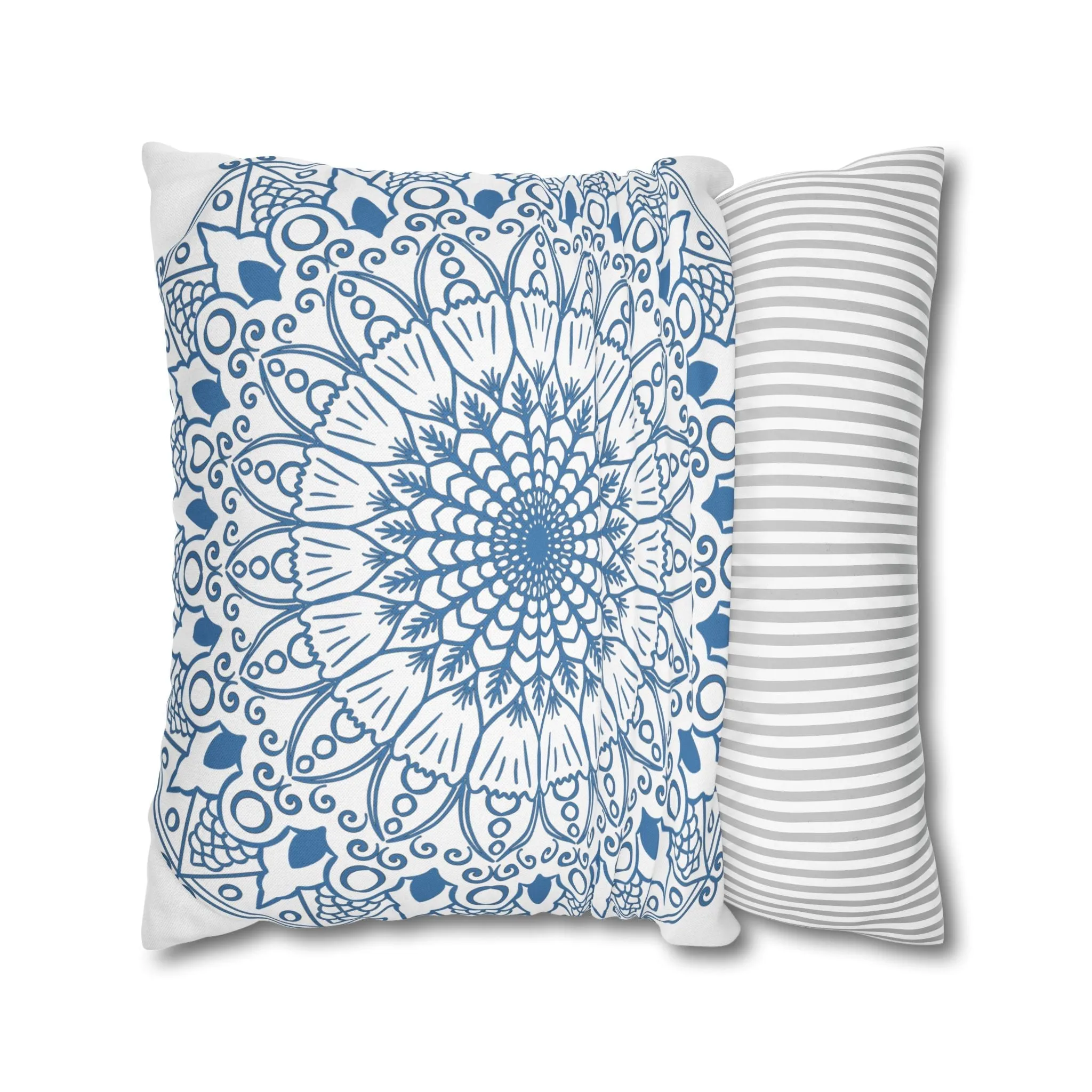 Handmade Mandala Design Pillowcase - Steel Blue on White