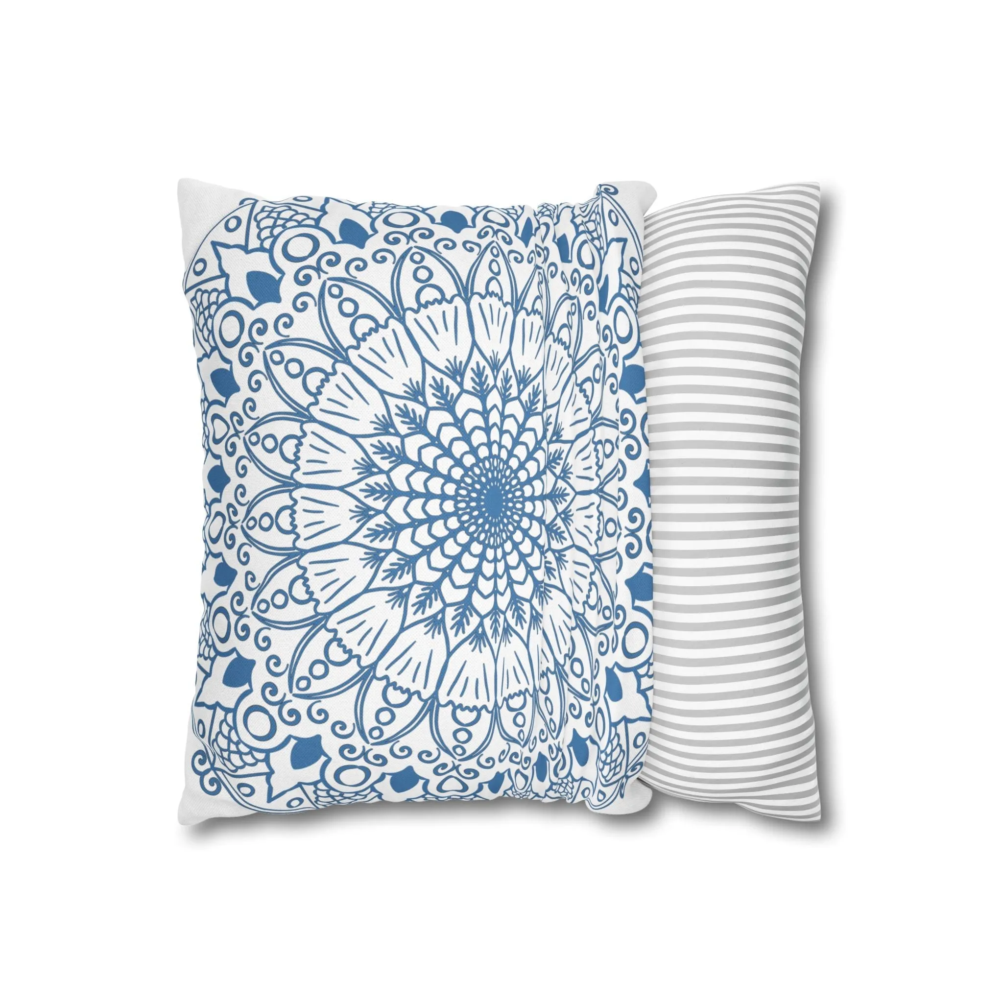 Handmade Mandala Design Pillowcase - Steel Blue on White