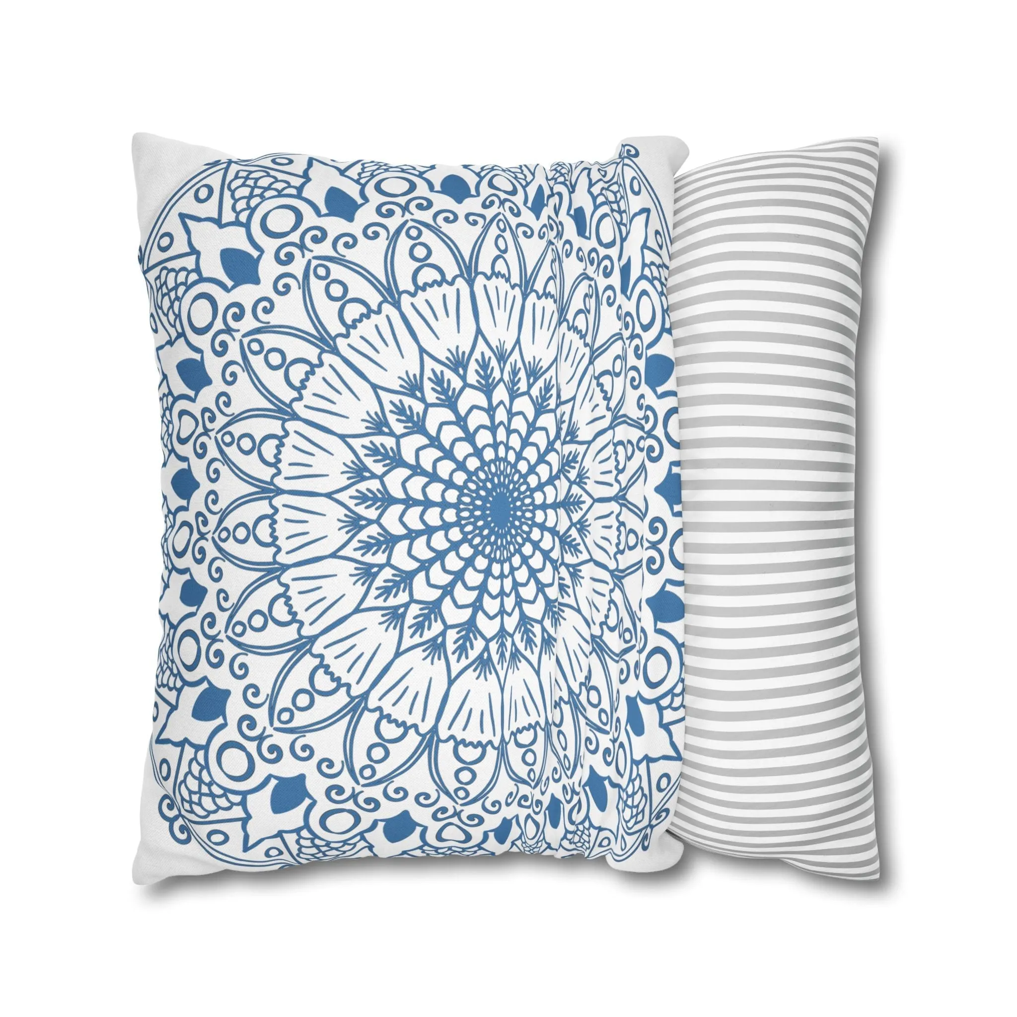 Handmade Mandala Design Pillowcase - Steel Blue on White