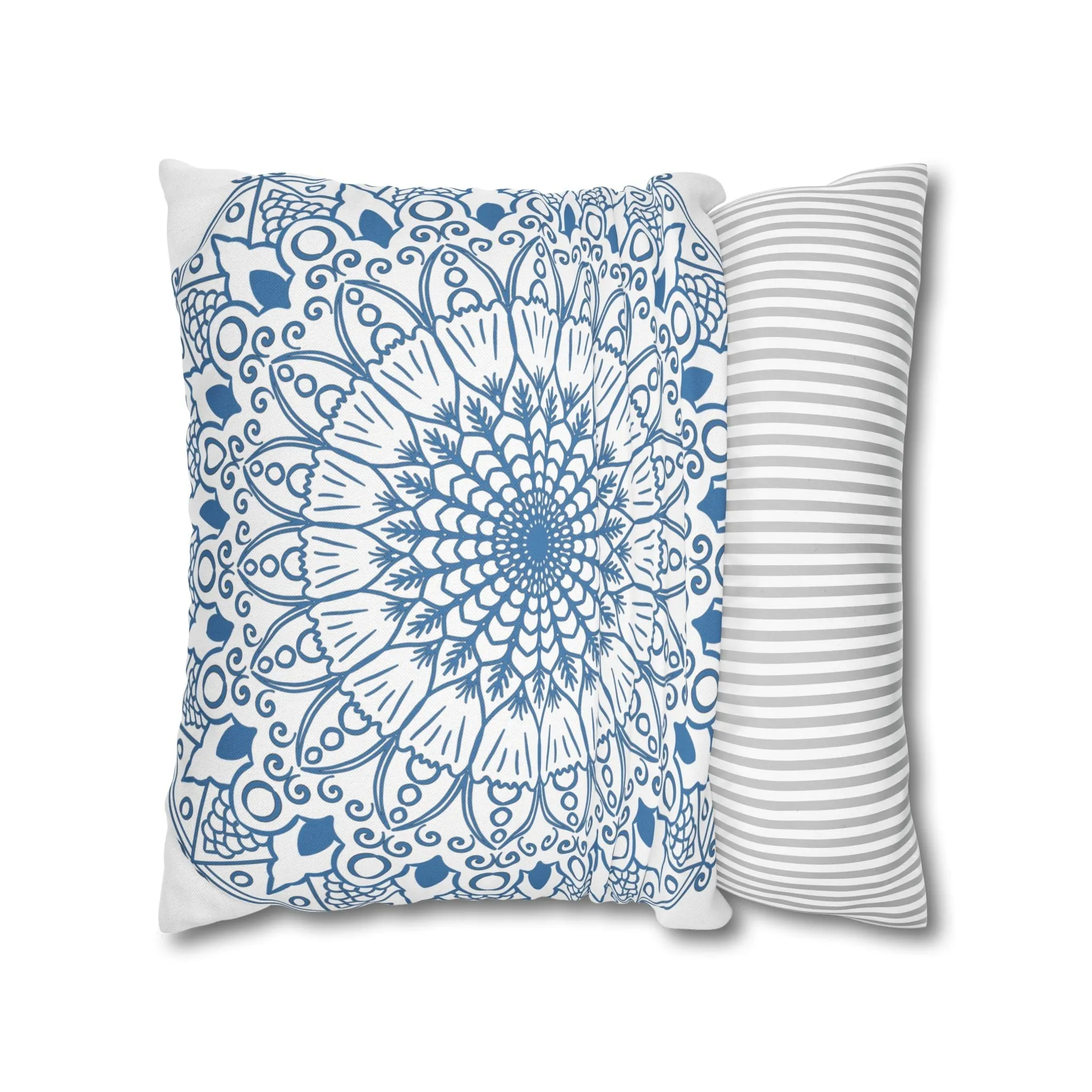 Handmade Mandala Design Pillowcase - Steel Blue on White