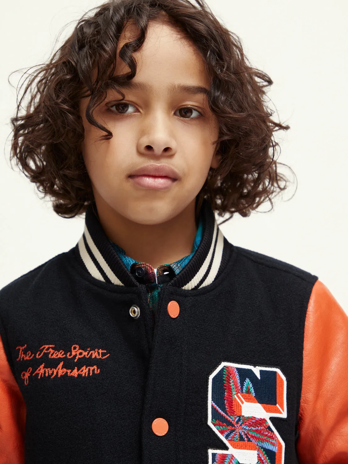 Kids - Wool college jacket with leather sleeves