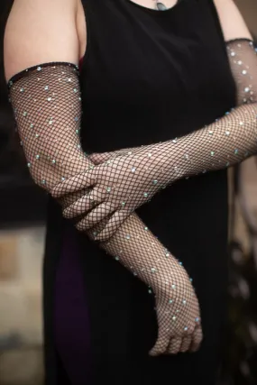 Long Rhinestone Fishnet Gloves