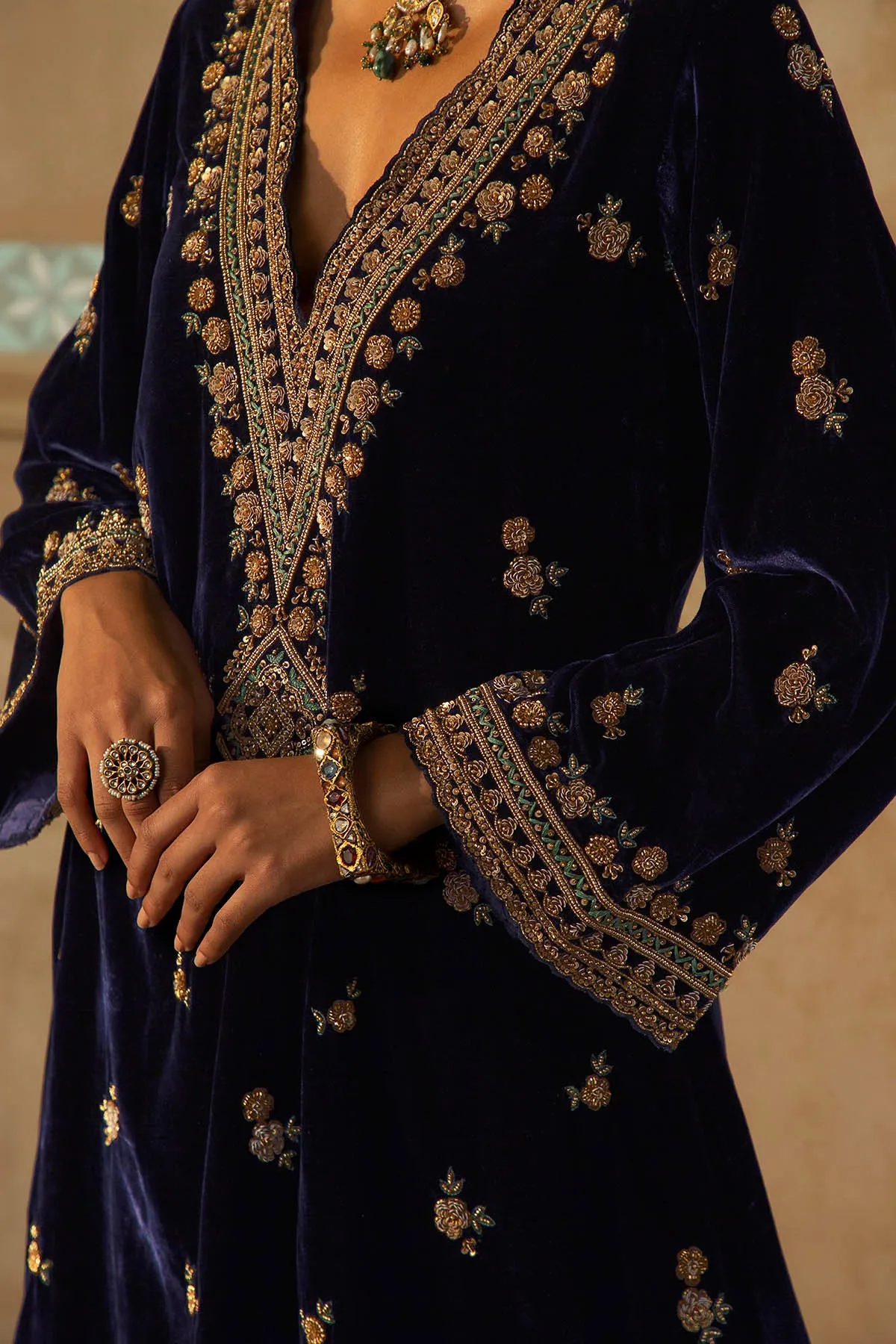 Navy Embroidered Mughal Yoke Kurta Set