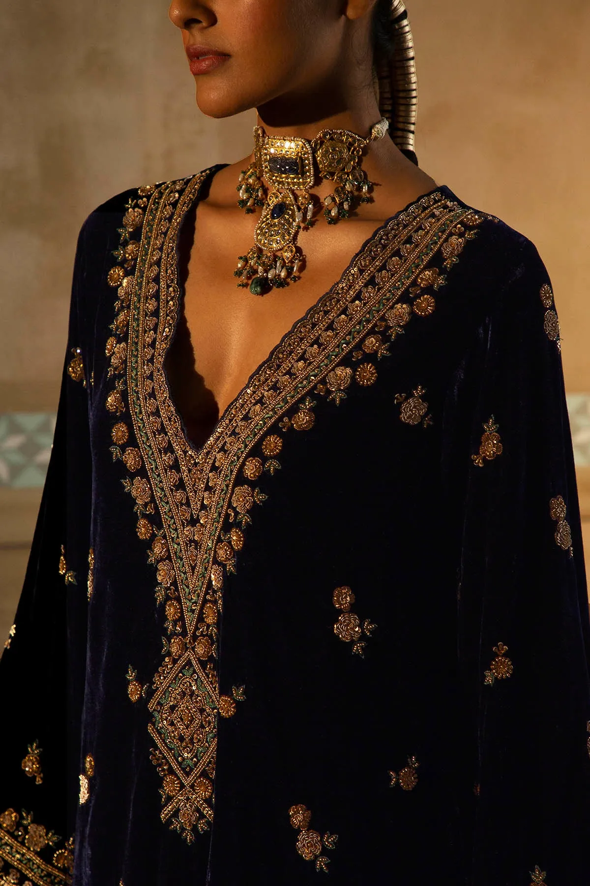Navy Embroidered Mughal Yoke Kurta Set