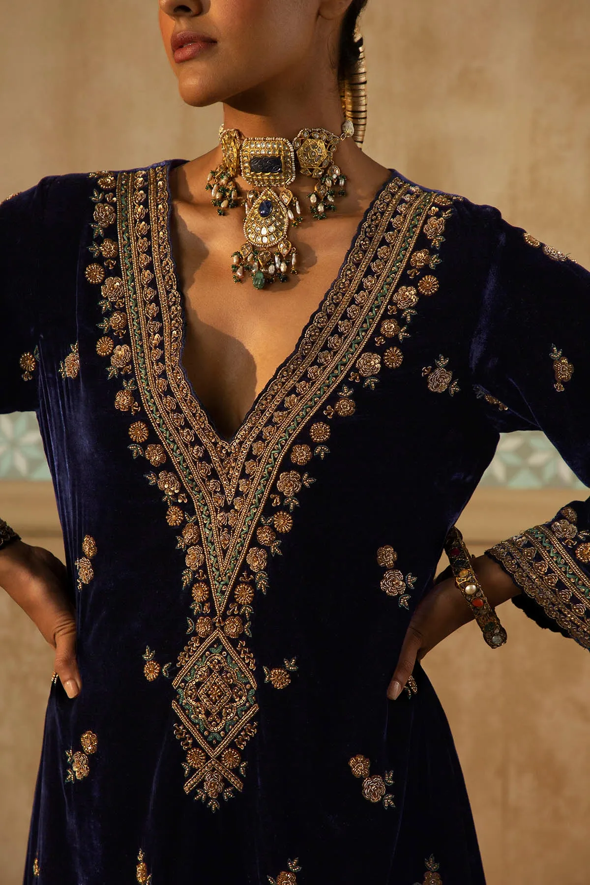 Navy Embroidered Mughal Yoke Kurta Set