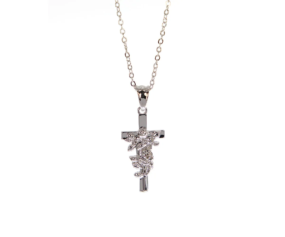 Rose Cross Necklace - Silver