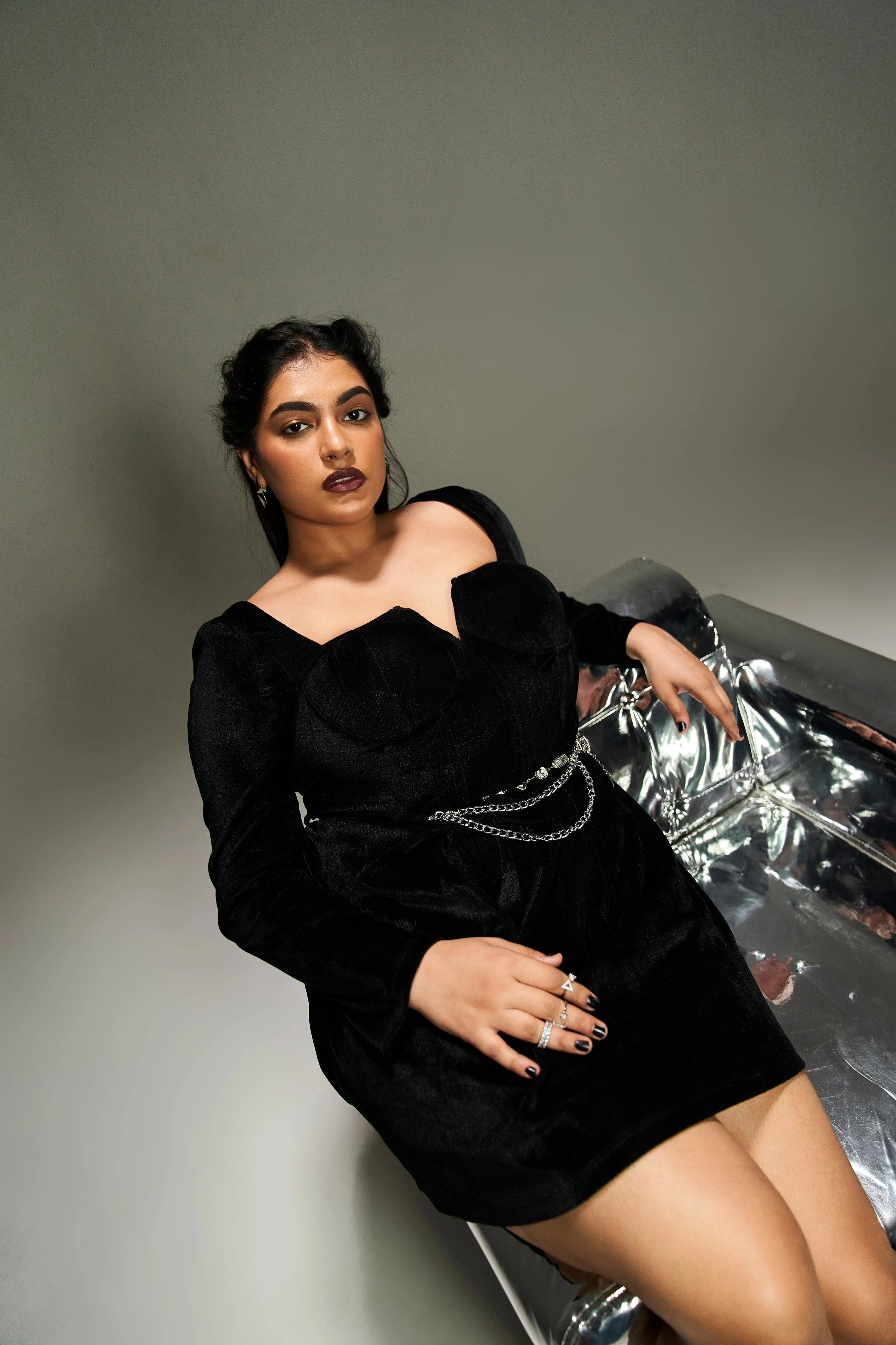 Saskia Black Velvet Corset Dress with Silver Chain Belt