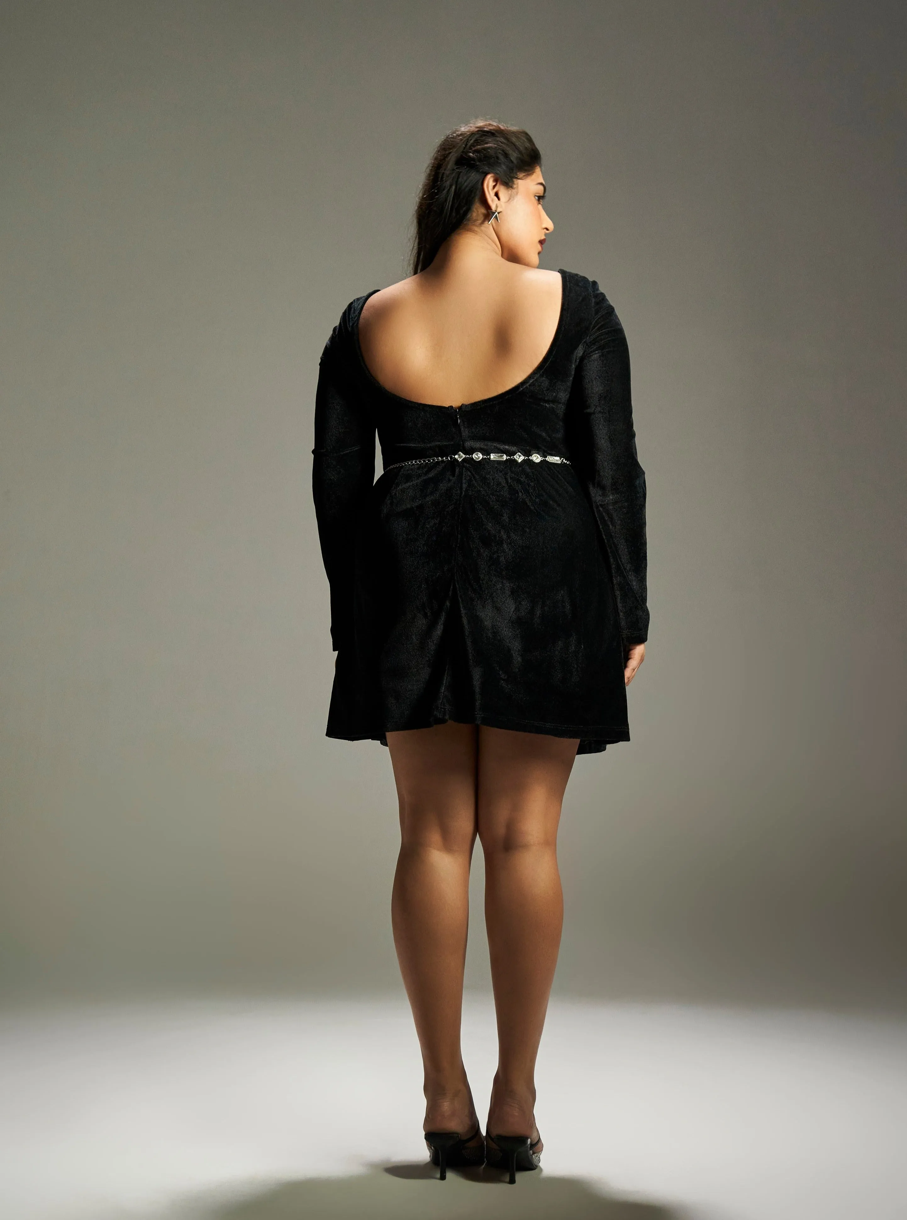 Saskia Black Velvet Corset Dress with Silver Chain Belt