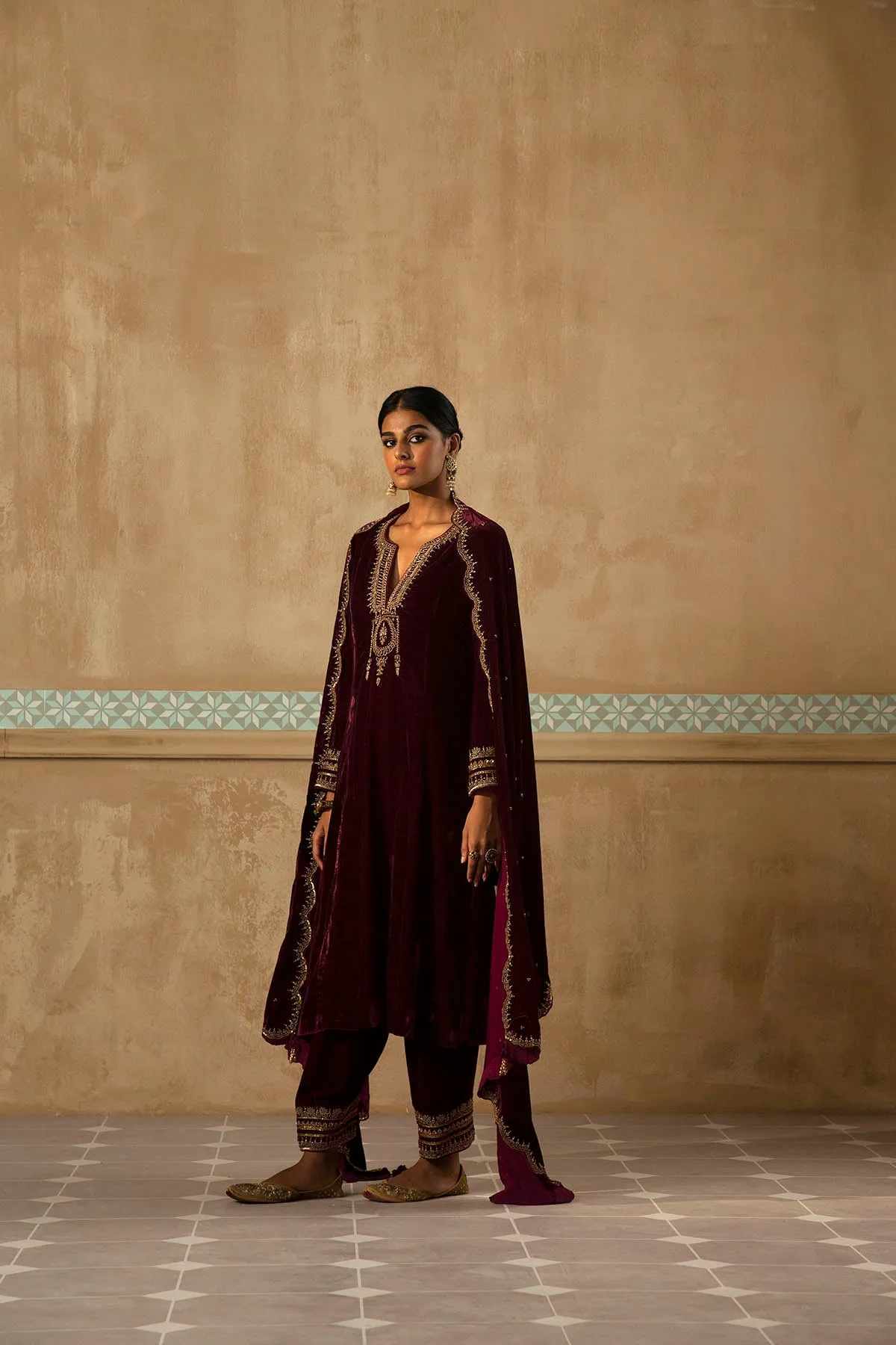 Silk Velvet Mughal Kurta Set-RTS