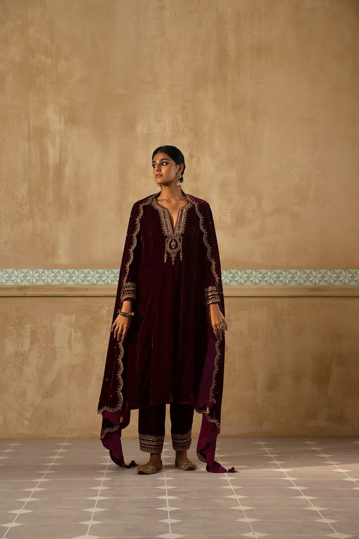Silk Velvet Mughal Kurta Set-RTS