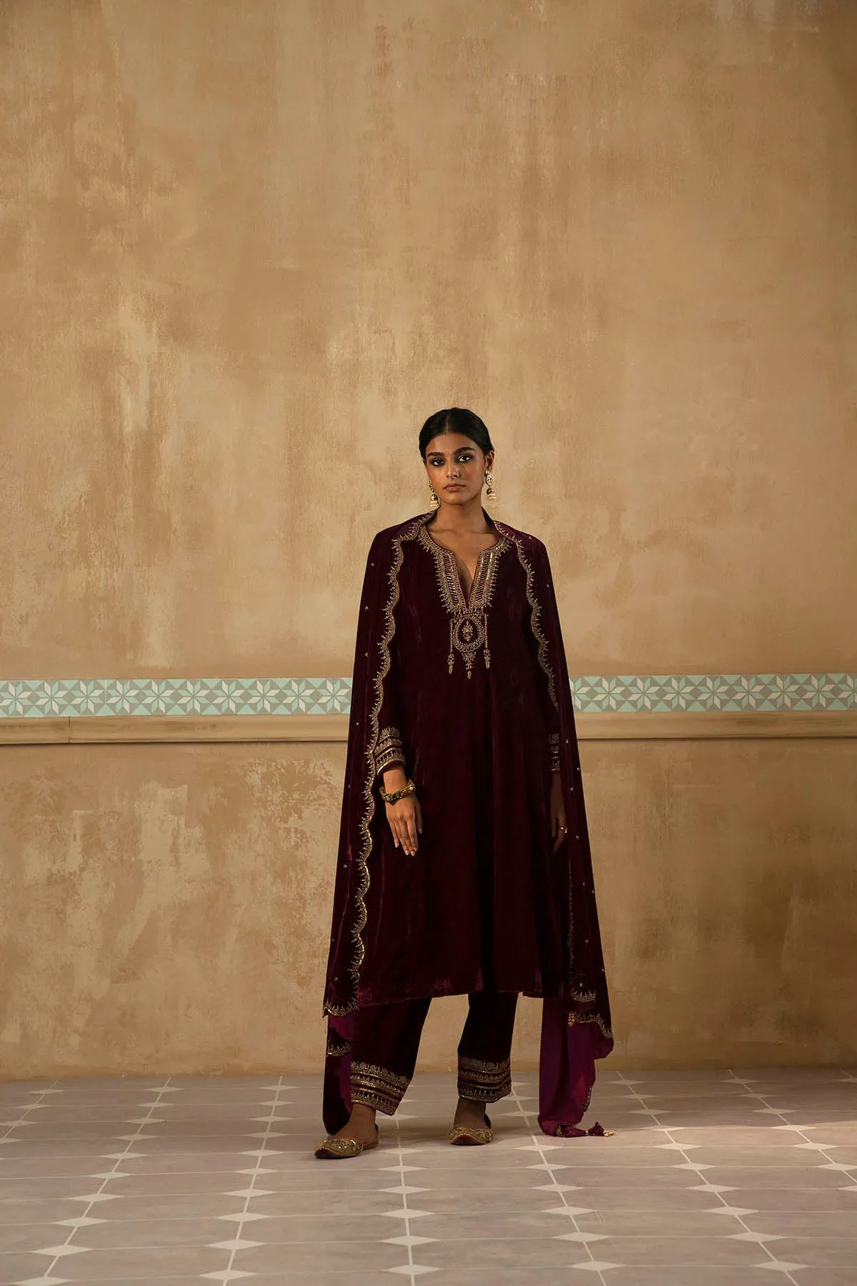 Silk Velvet Mughal Kurta Set-RTS