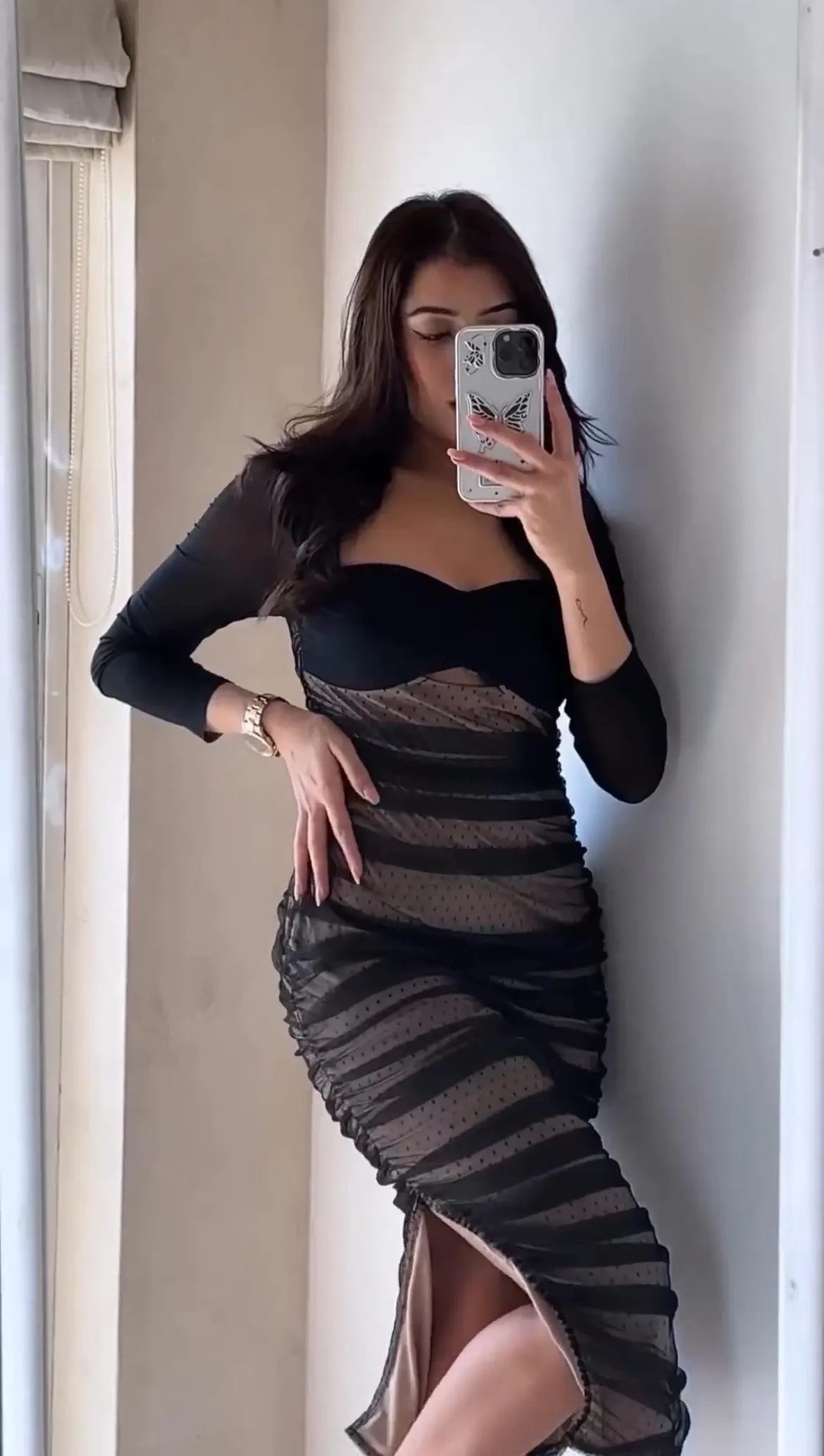 Zorina Black and Nude Ruched Mesh Bodycon Dress